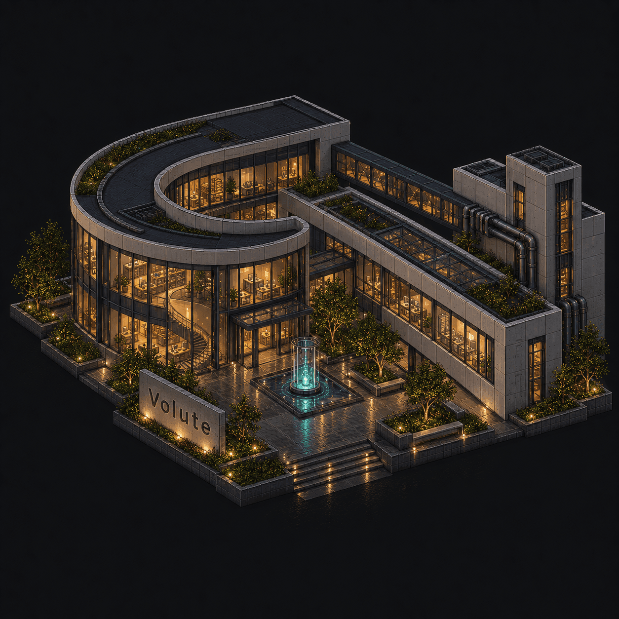 Isometric pixel-art headquarters of Volute