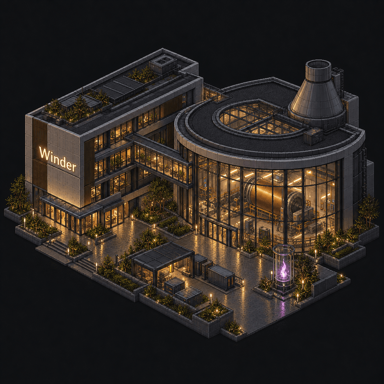 Isometric pixel-art headquarters of Winder