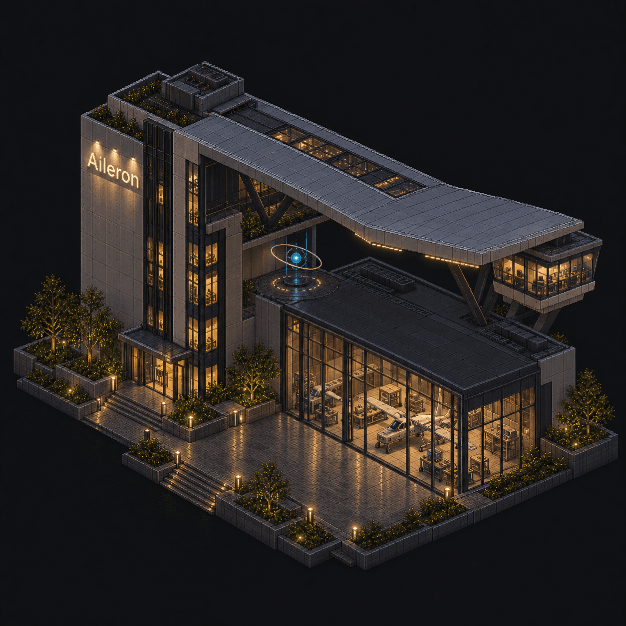 Isometric pixel-art headquarters of Aileron