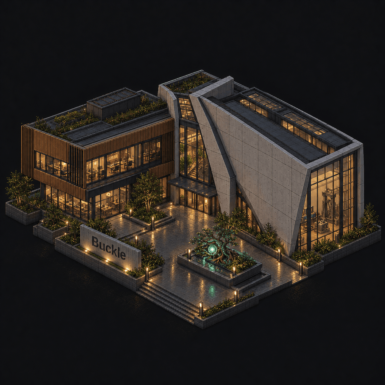 Isometric pixel-art headquarters of Buckle