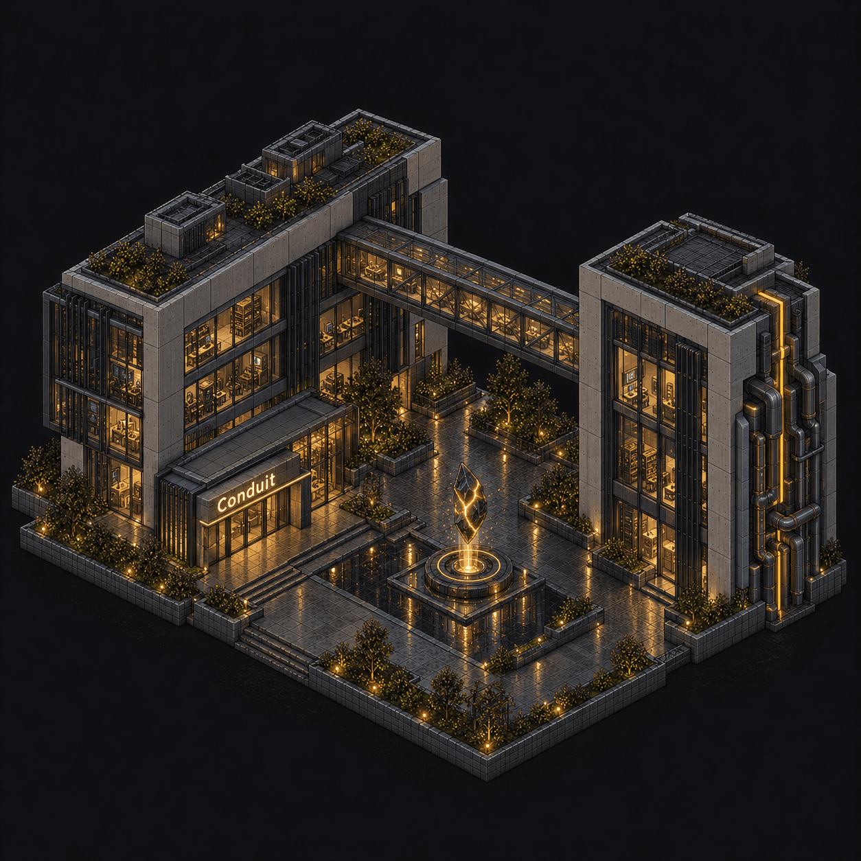 Isometric pixel-art headquarters of Conduit