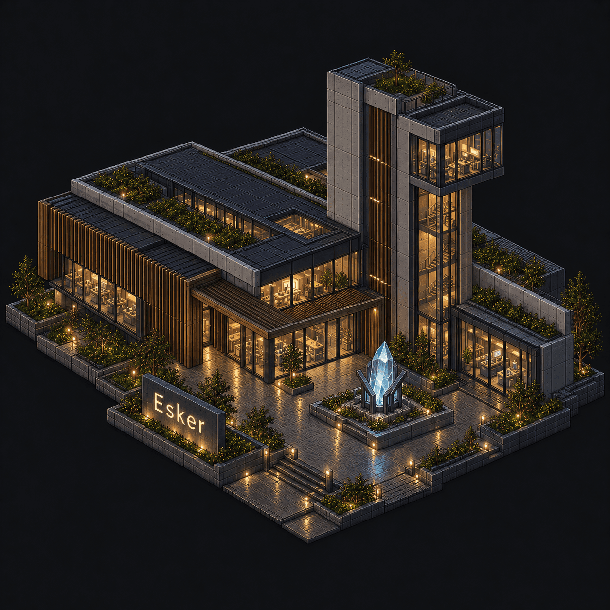 Isometric pixel-art headquarters of Esker