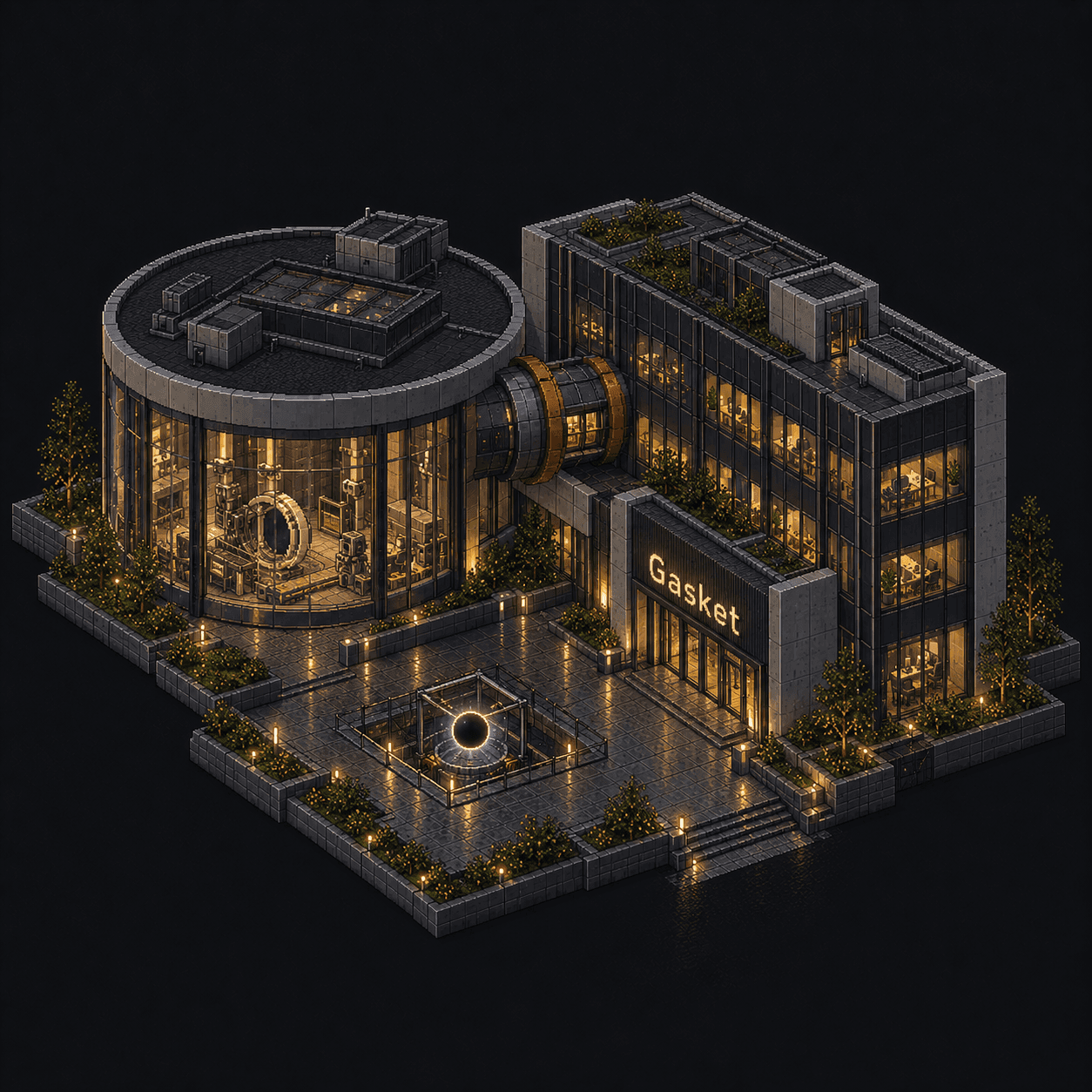 Isometric pixel-art headquarters of Gasket