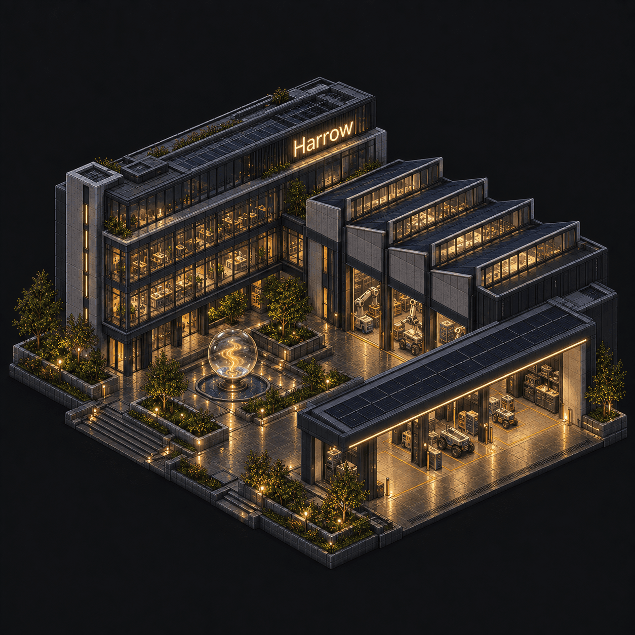 Isometric pixel-art headquarters of Harrow