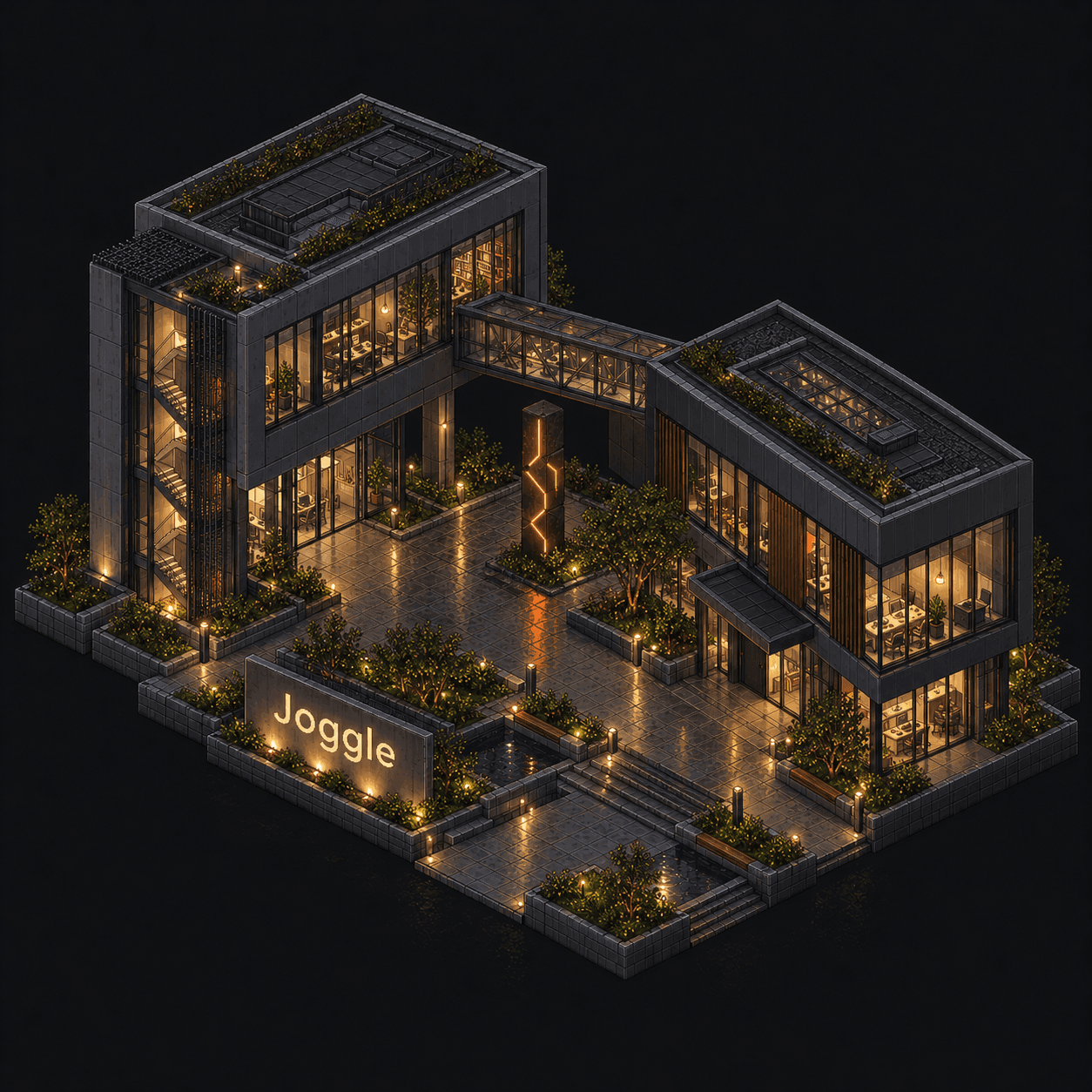 Isometric pixel-art headquarters of Joggle