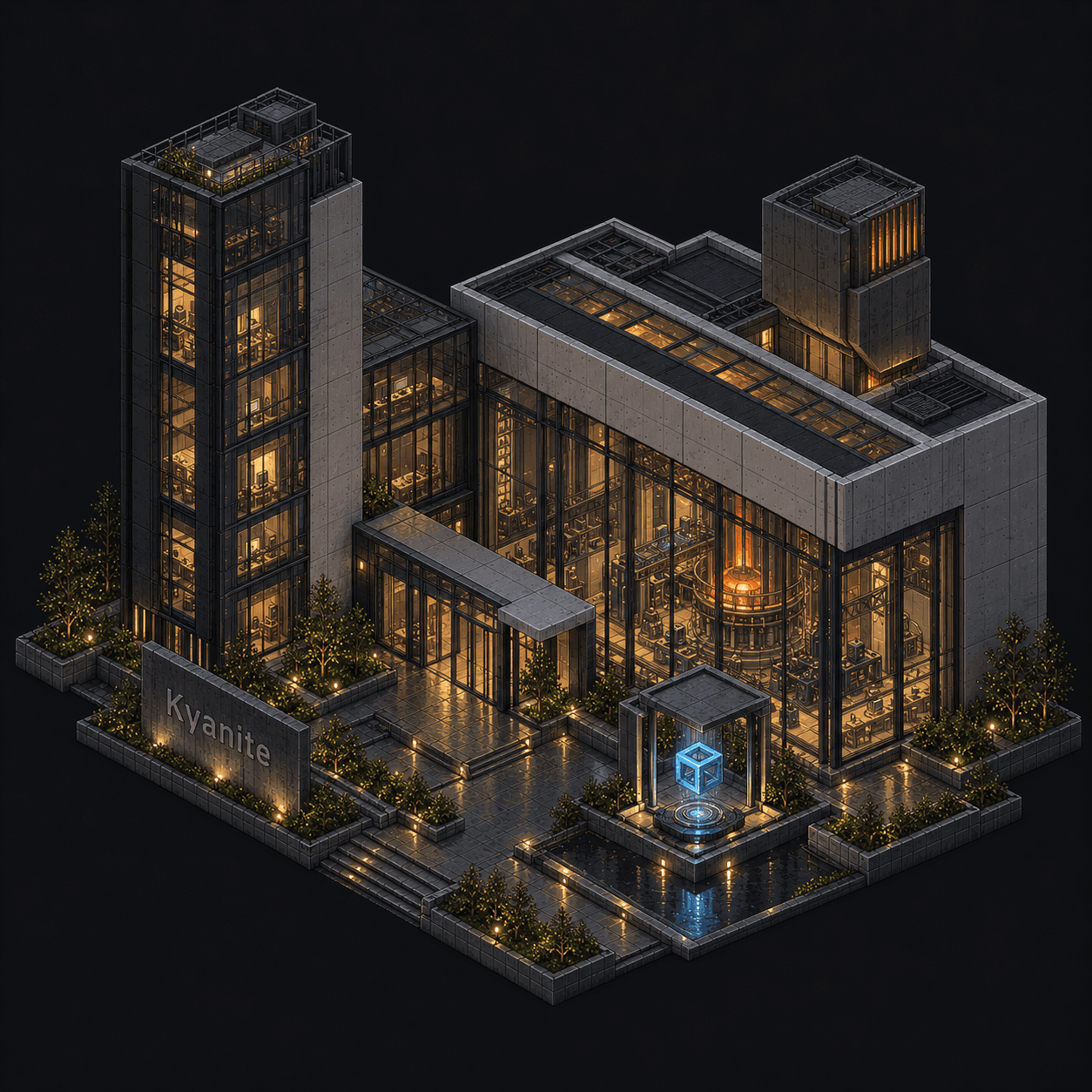 Isometric pixel-art headquarters of Kyanite
