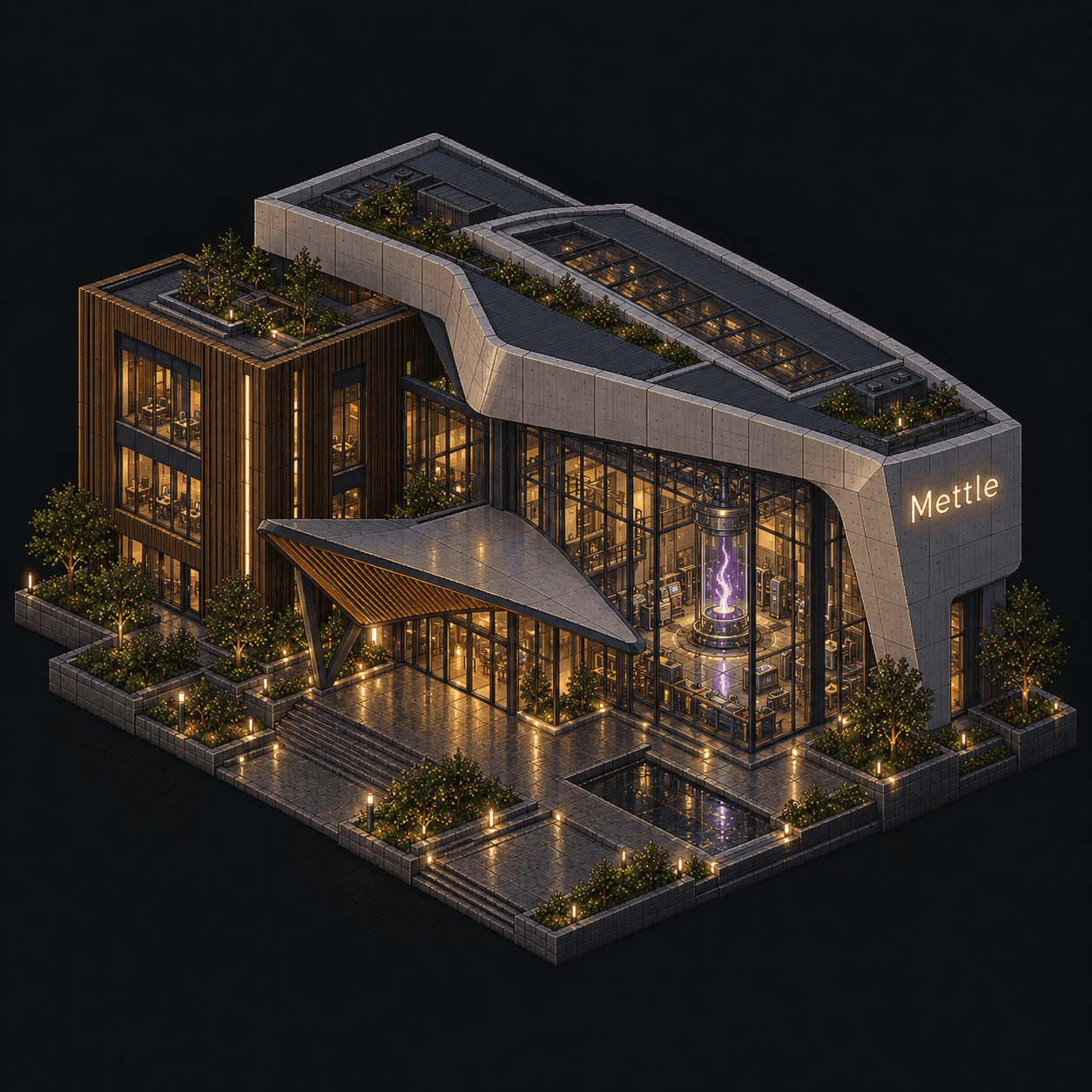 Isometric pixel-art headquarters of Mettle