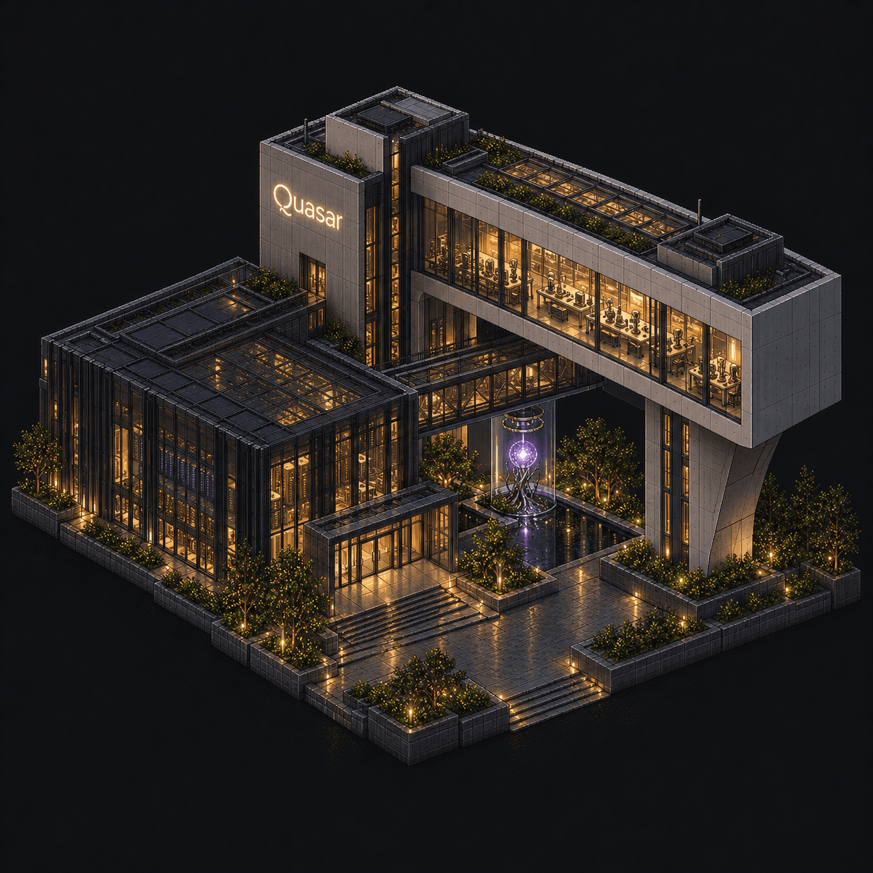 Isometric pixel-art headquarters of Quasar