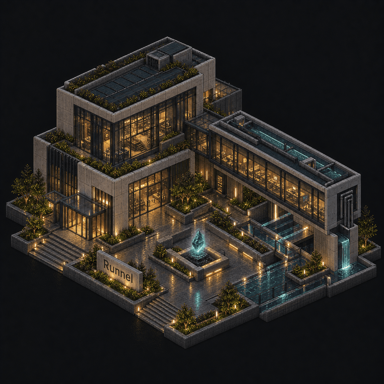 Isometric pixel-art headquarters of Runnel