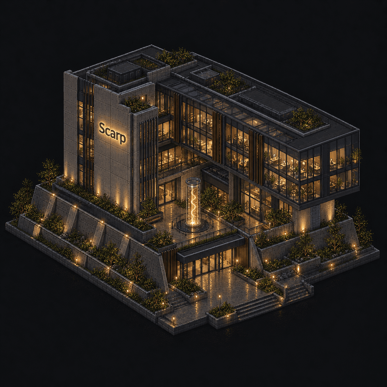 Isometric pixel-art headquarters of Scarp