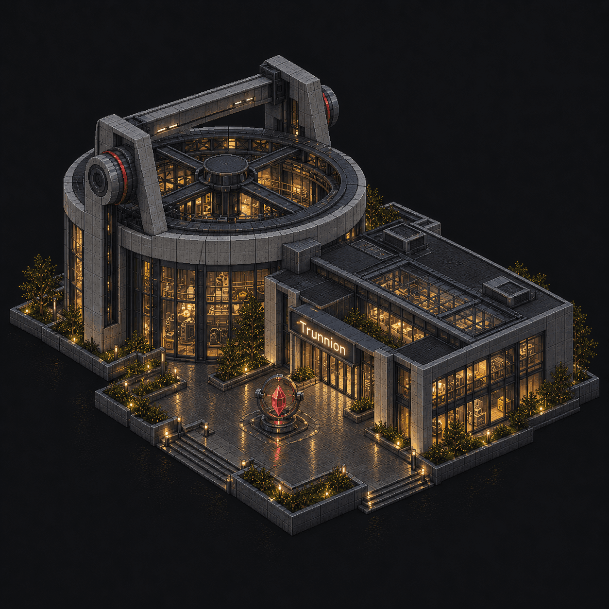 Isometric pixel-art headquarters of Trunnion