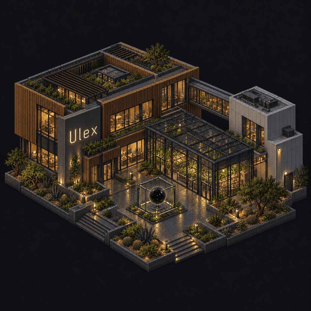 Isometric pixel-art headquarters of Ulex