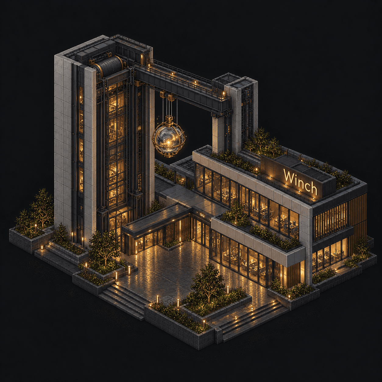 Isometric pixel-art headquarters of Winch