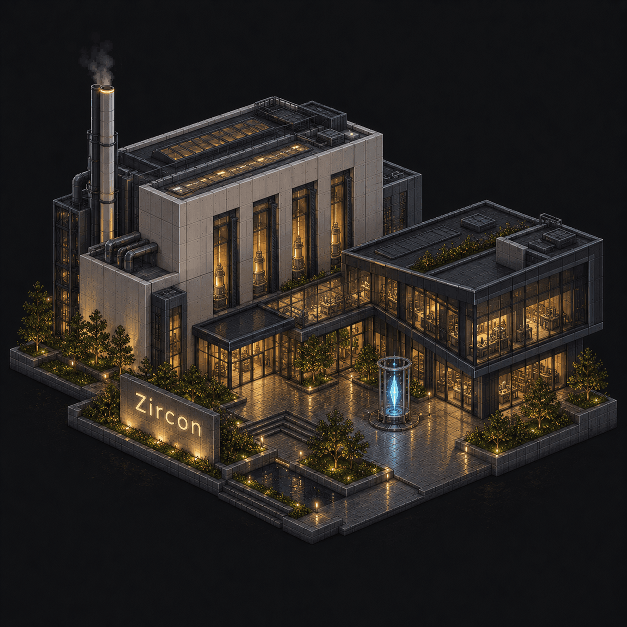 Isometric pixel-art headquarters of Zircon
