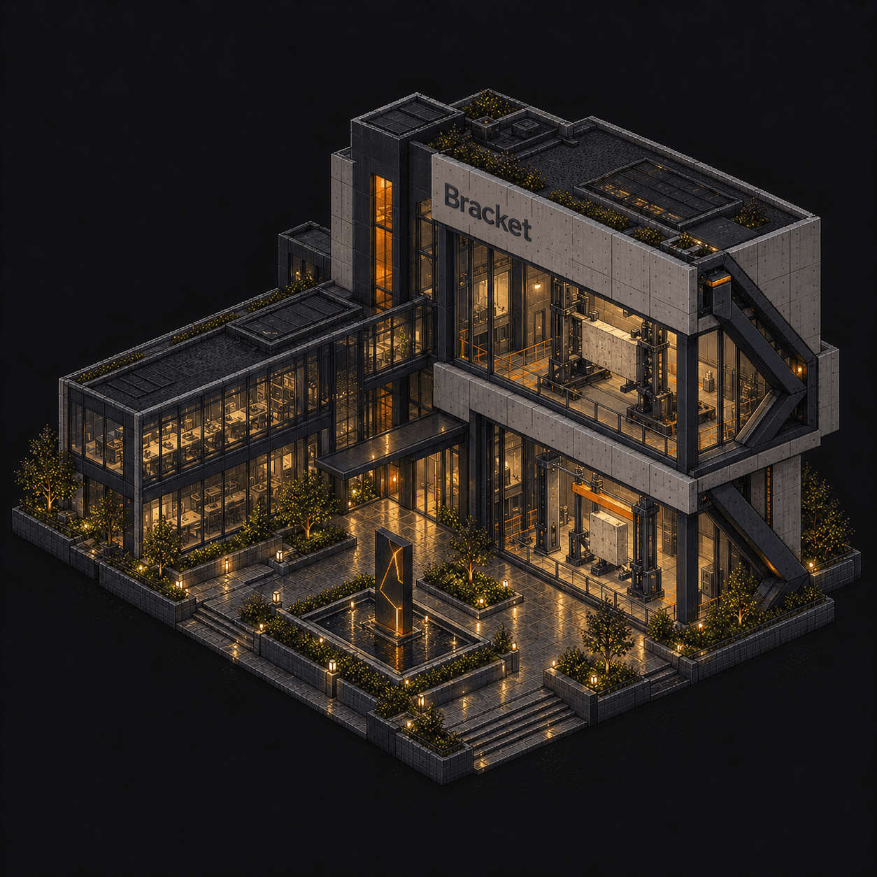 Isometric pixel-art headquarters of Bracket