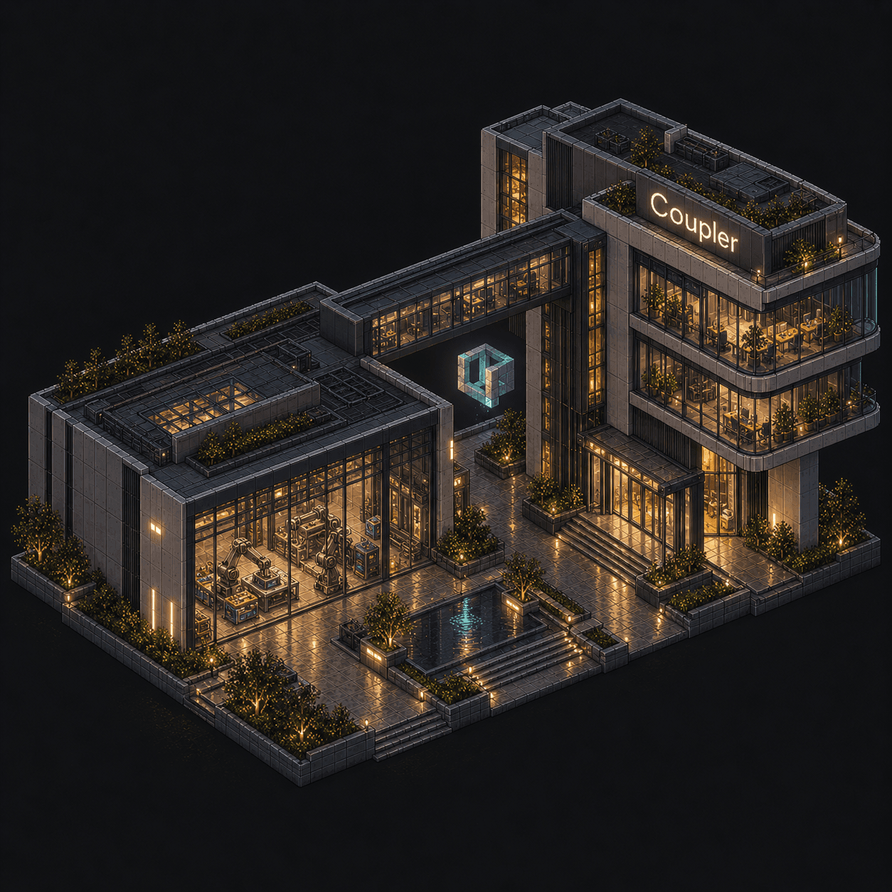 Isometric pixel-art headquarters of Coupler