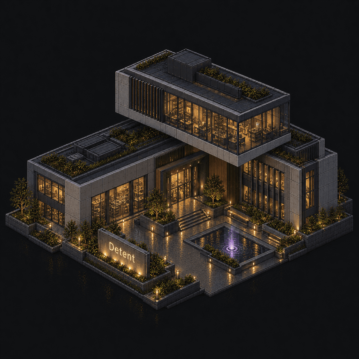Isometric pixel-art headquarters of Detent