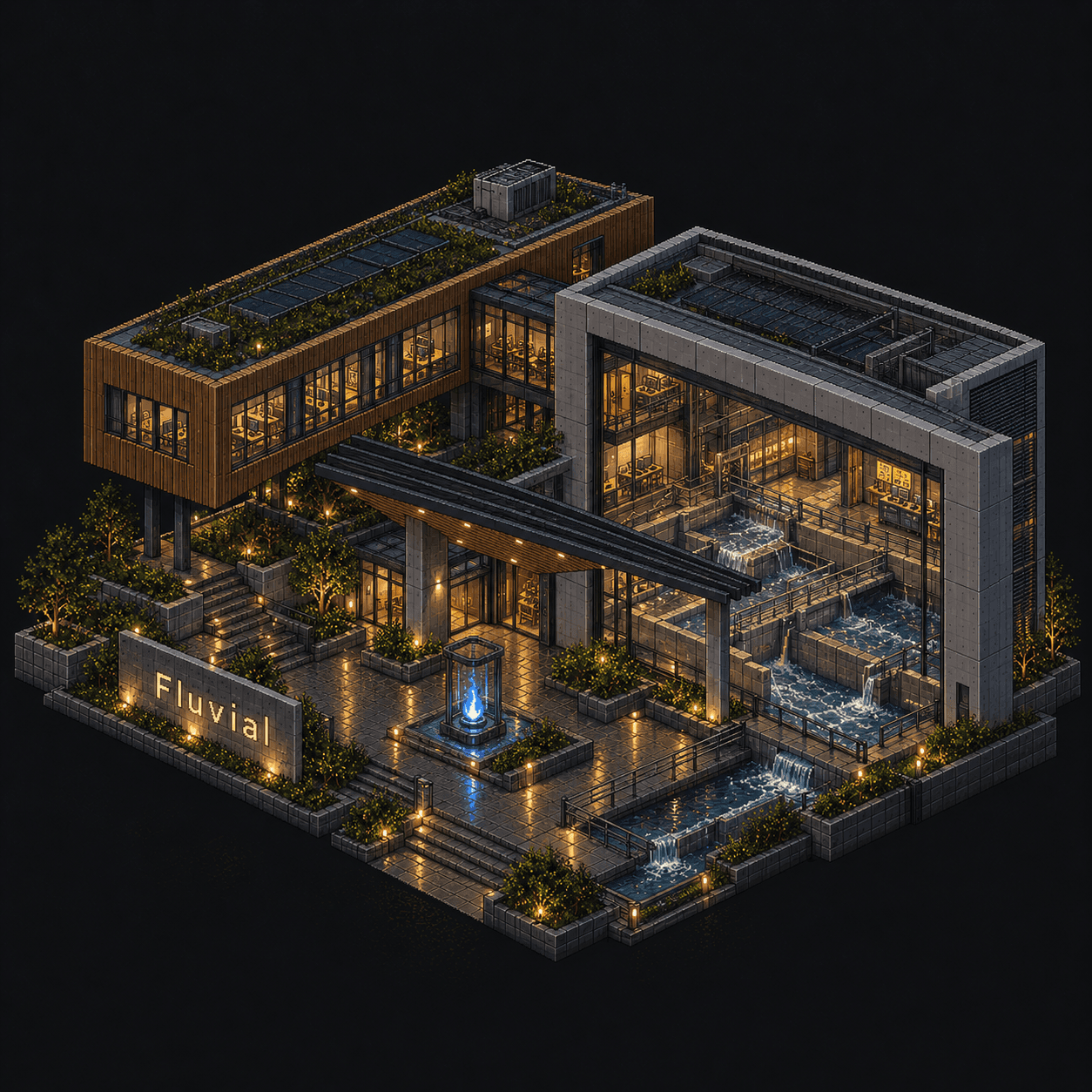 Isometric pixel-art headquarters of Fluvial