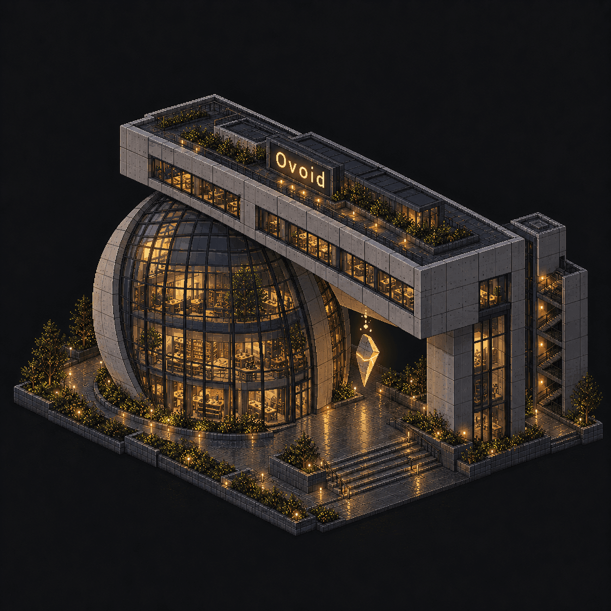 Isometric pixel-art headquarters of Ovoid