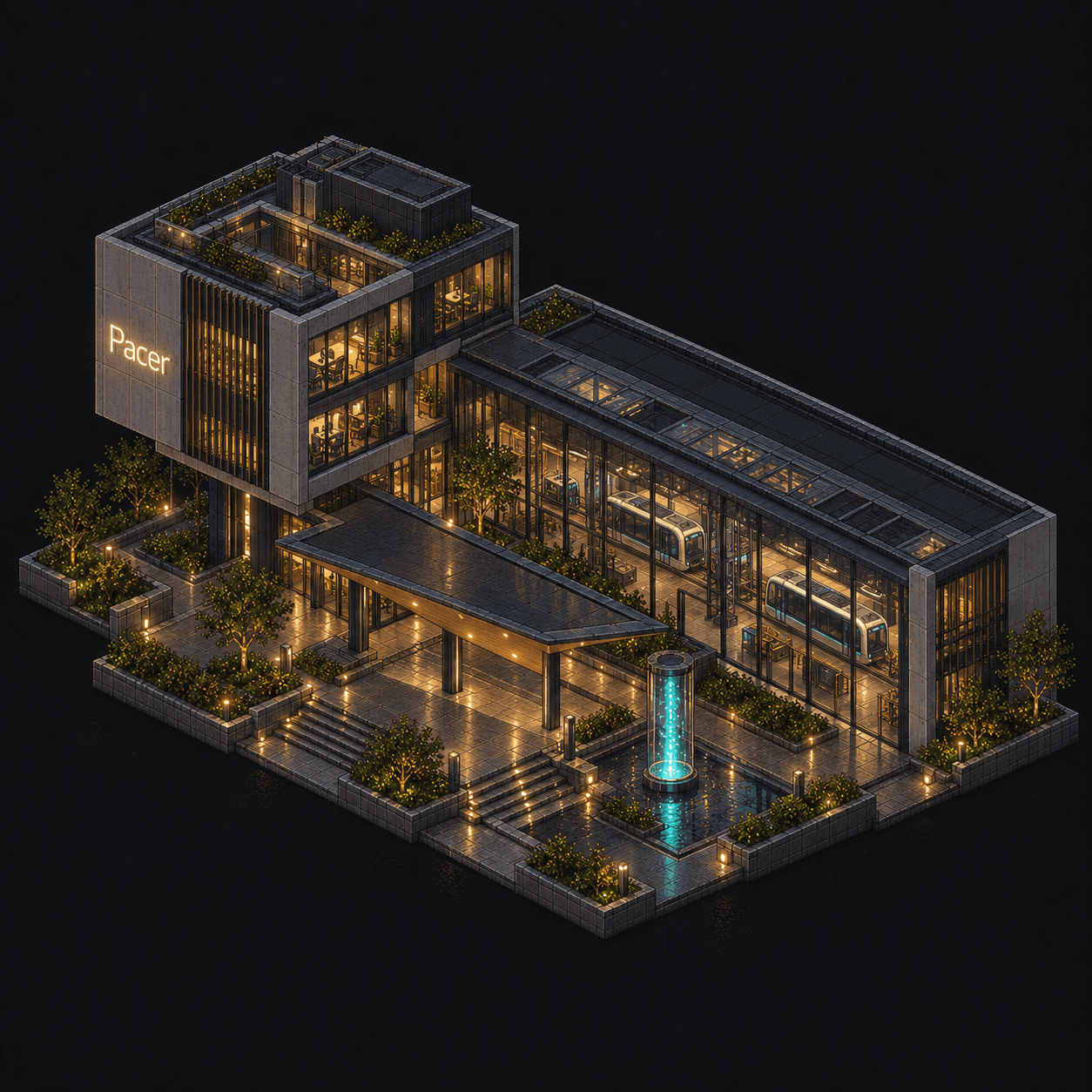 Isometric pixel-art headquarters of Pacer