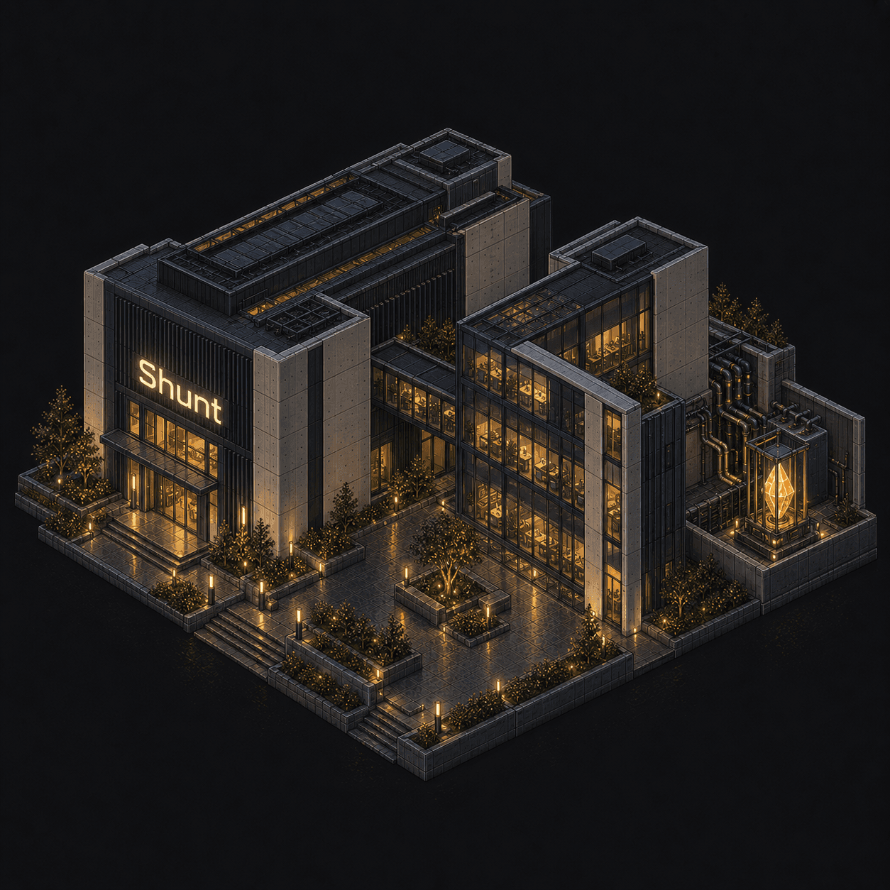 Isometric pixel-art headquarters of Shunt