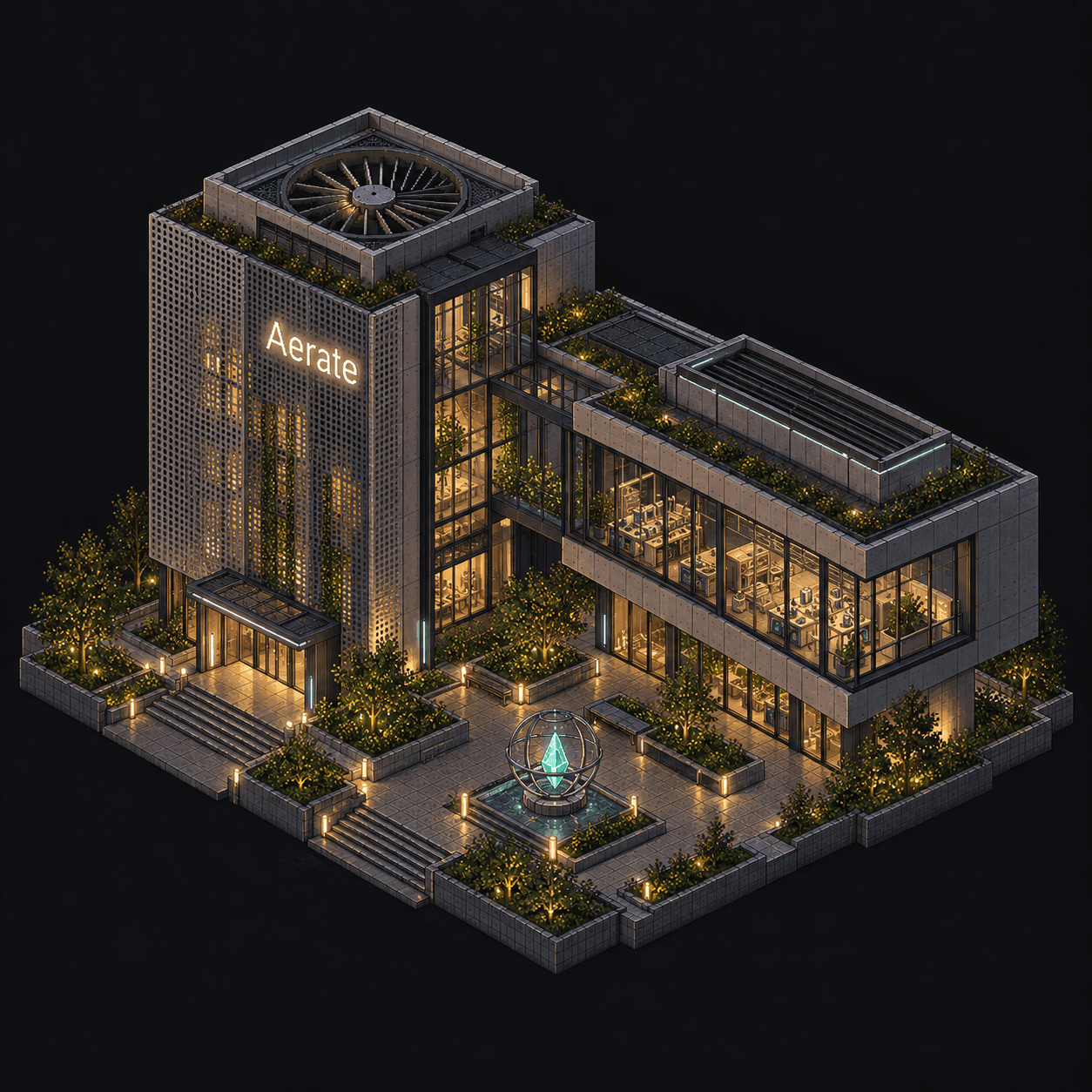 Isometric pixel-art headquarters of Aerate