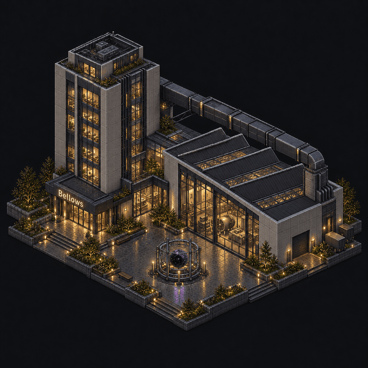 Isometric pixel-art headquarters of Bellows