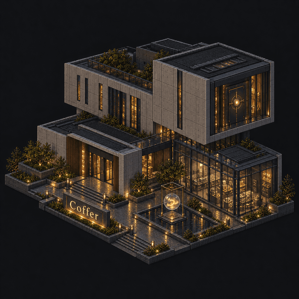Isometric pixel-art headquarters of Coffer