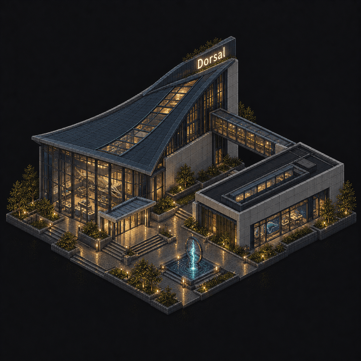 Isometric pixel-art headquarters of Dorsal