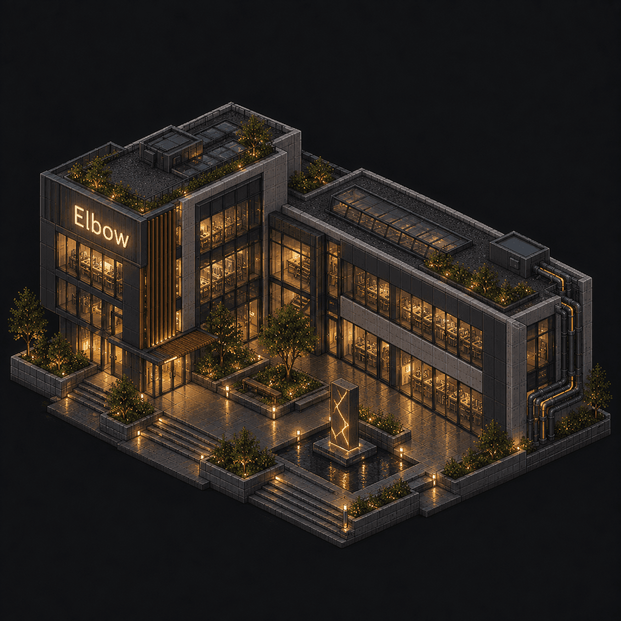 Isometric pixel-art headquarters of Elbow