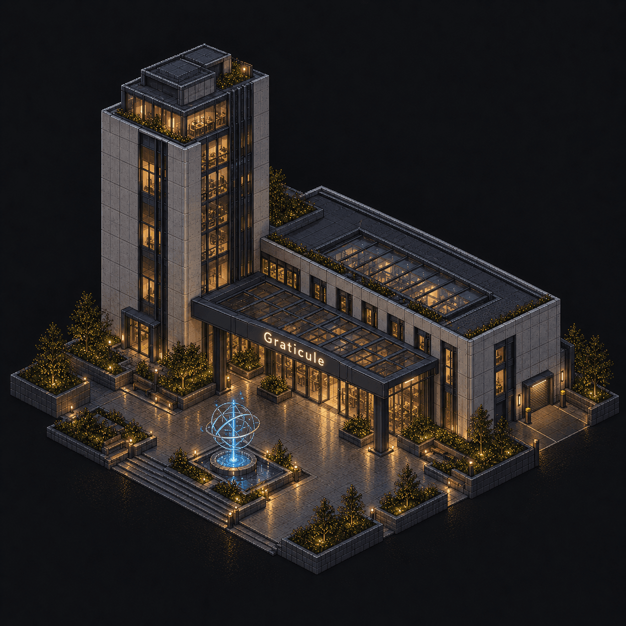 Isometric pixel-art headquarters of Graticule