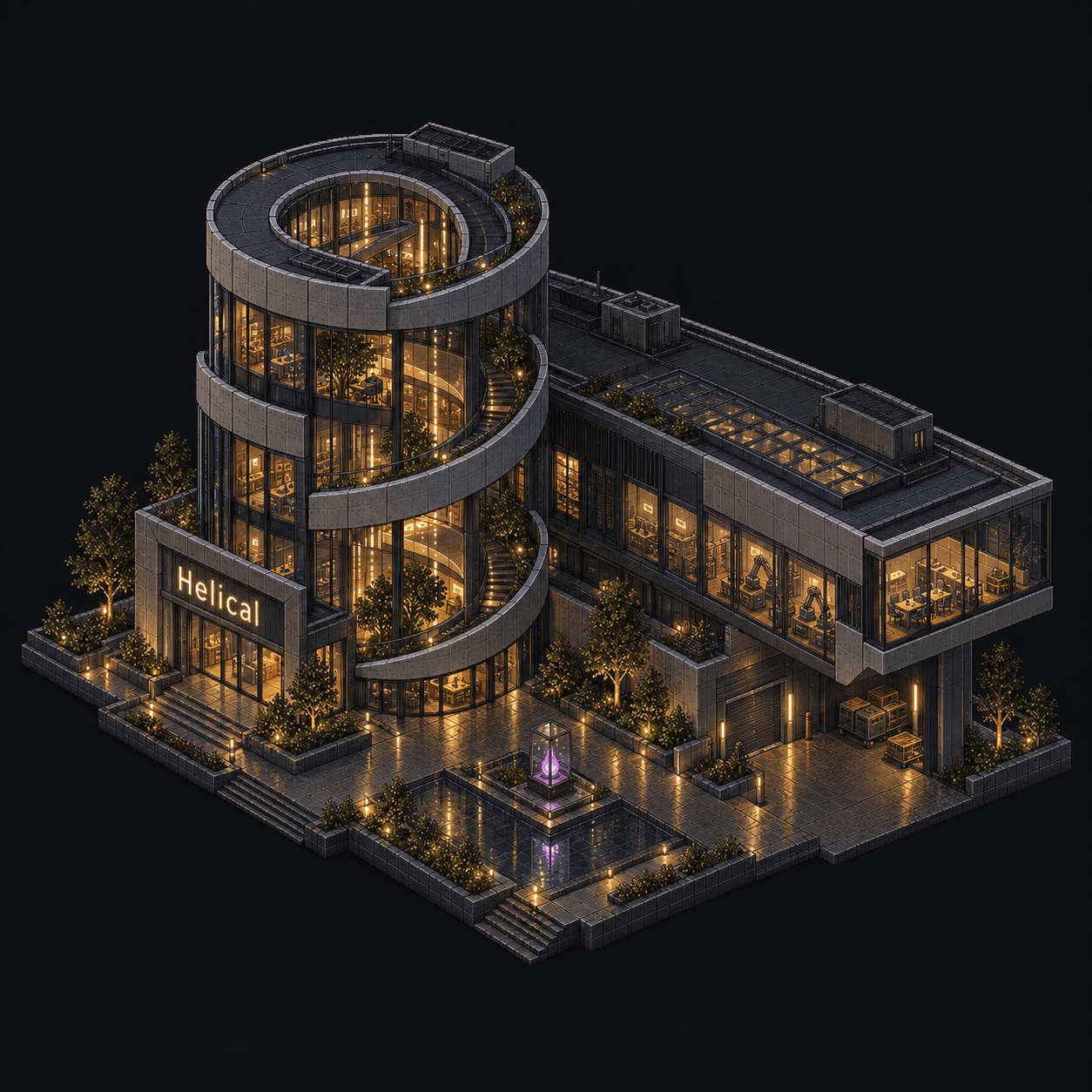 Isometric pixel-art headquarters of Helical