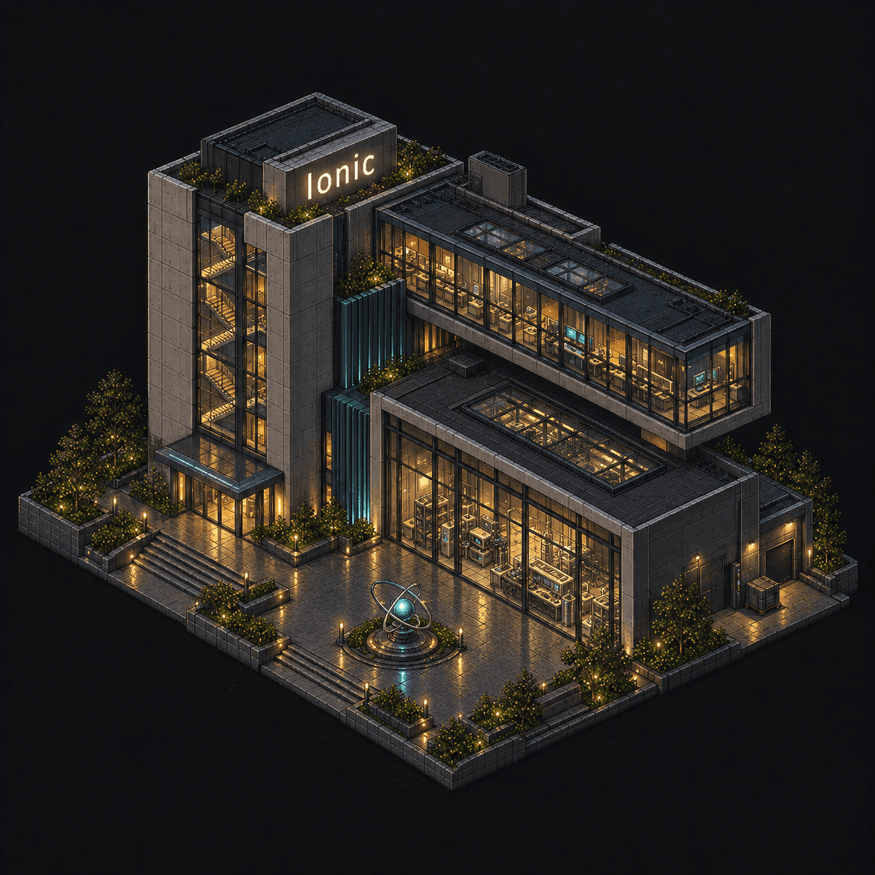 Isometric pixel-art headquarters of Ionic