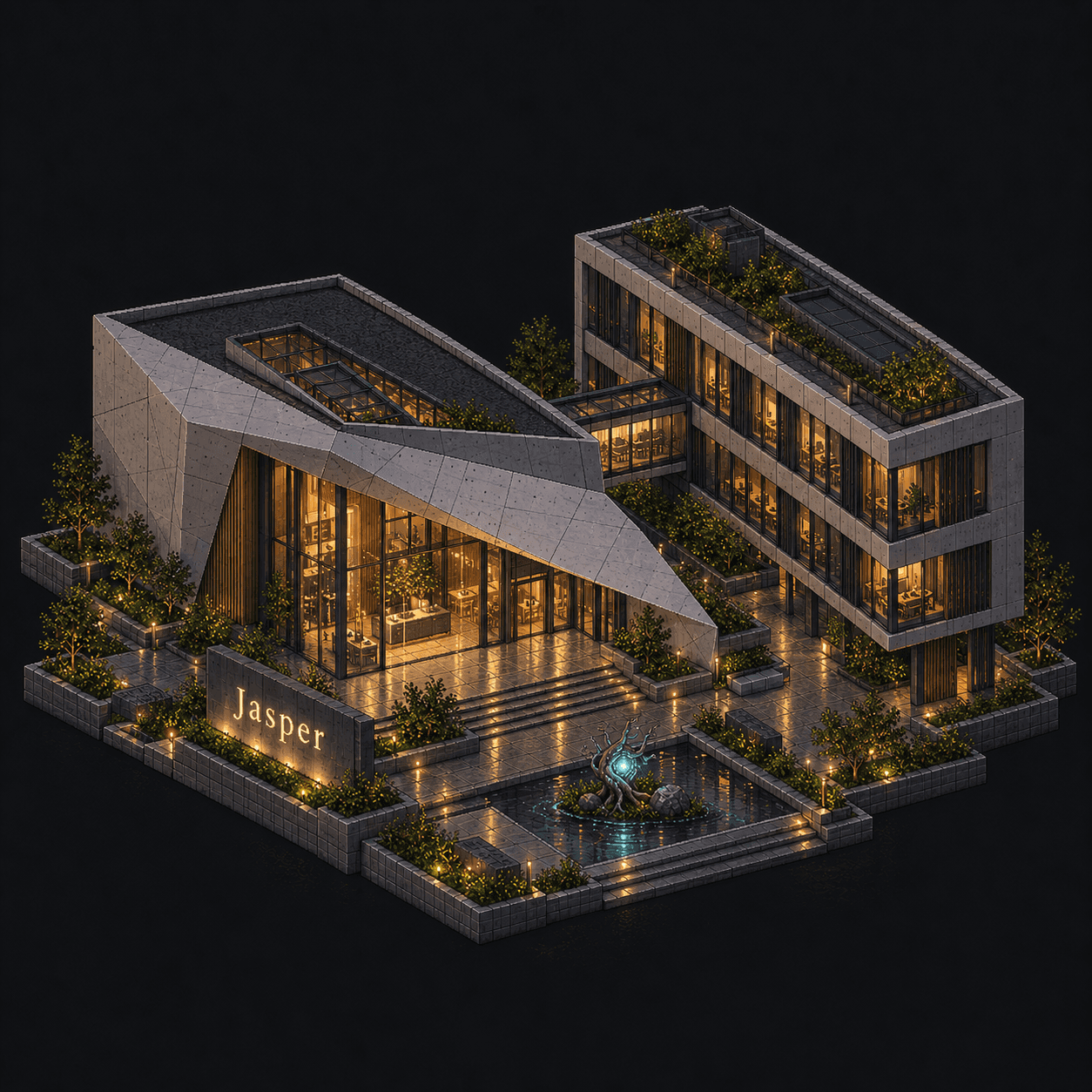 Isometric pixel-art headquarters of Jasper