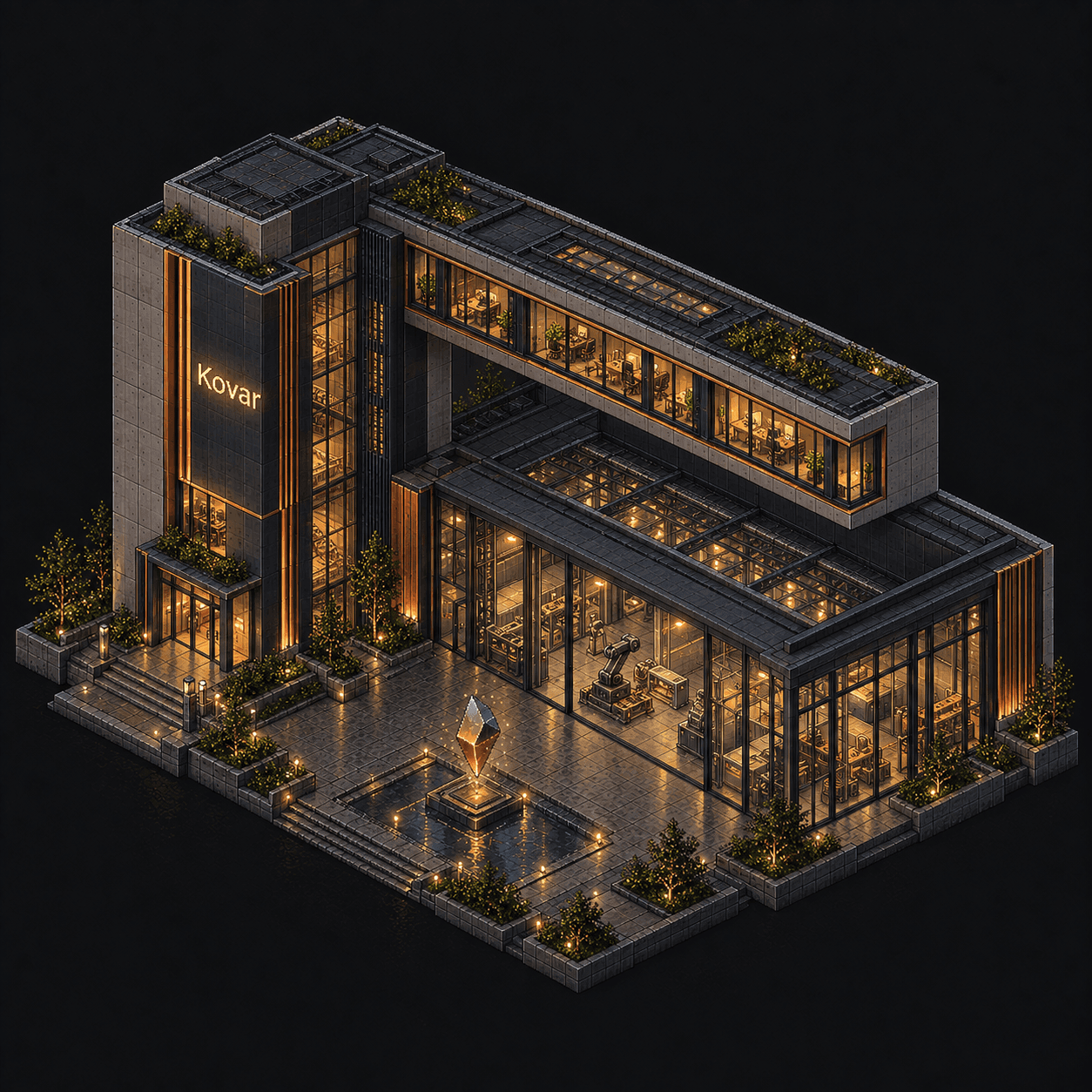 Isometric pixel-art headquarters of Kovar
