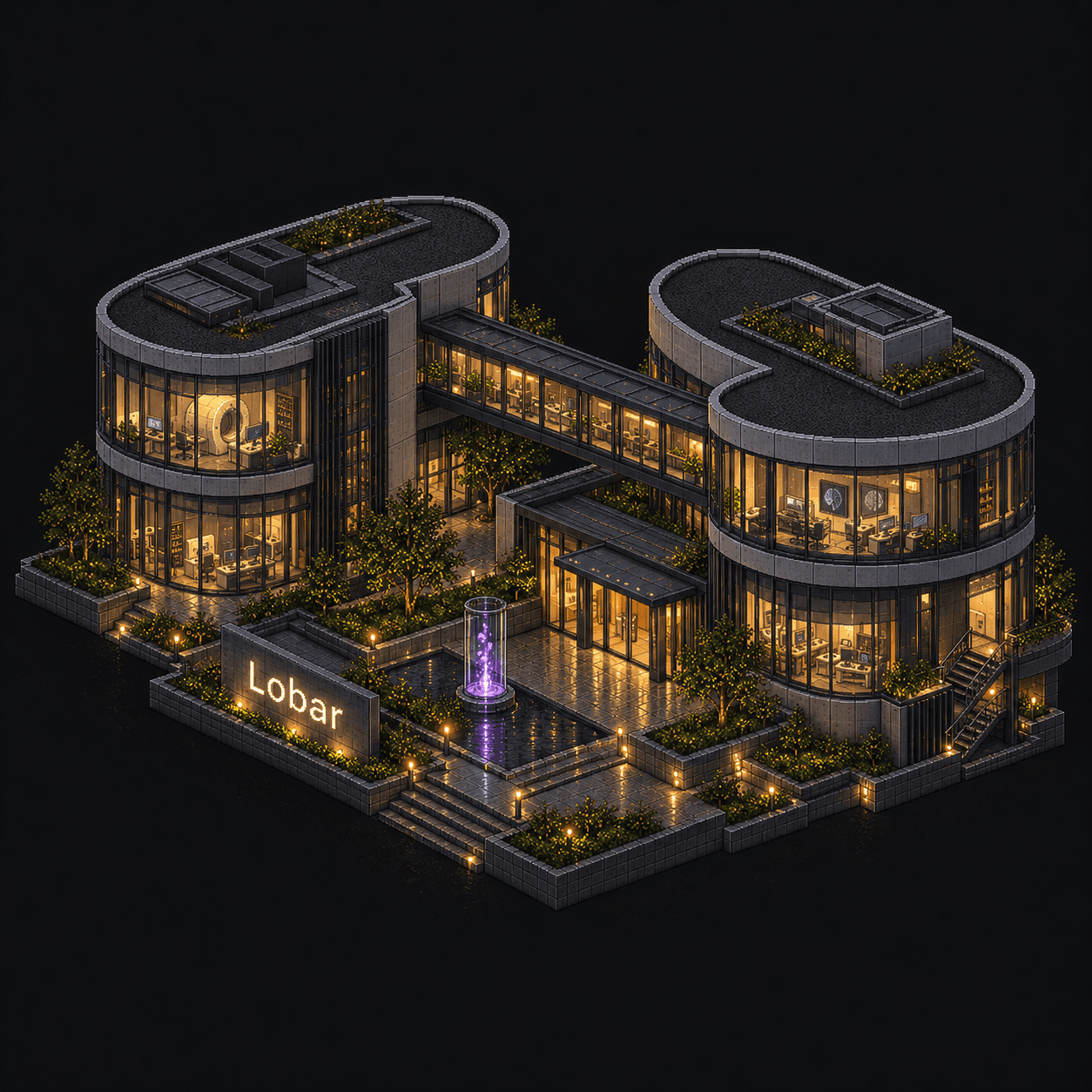 Isometric pixel-art headquarters of Lobar