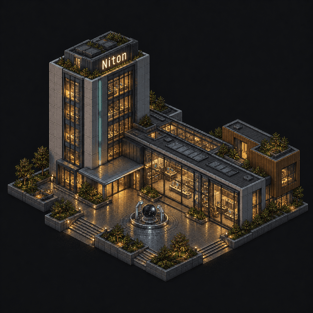 Isometric pixel-art headquarters of Niton