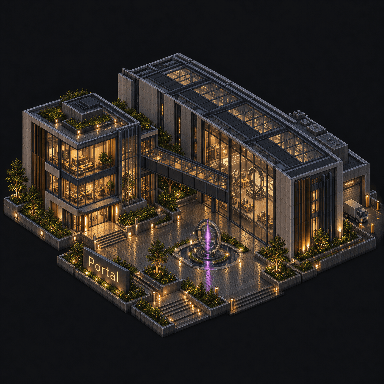 Isometric pixel-art headquarters of Portal