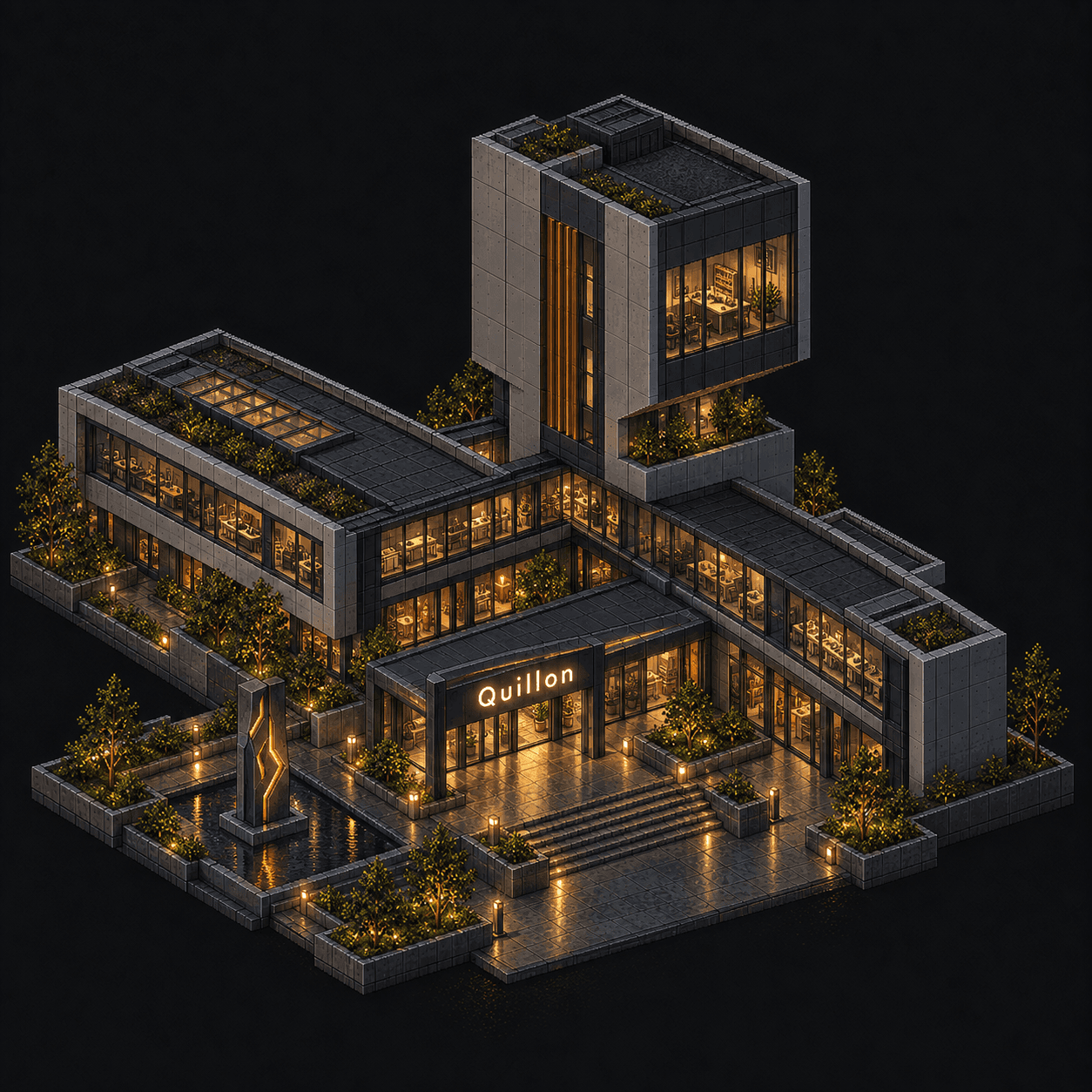 Isometric pixel-art headquarters of Quillon