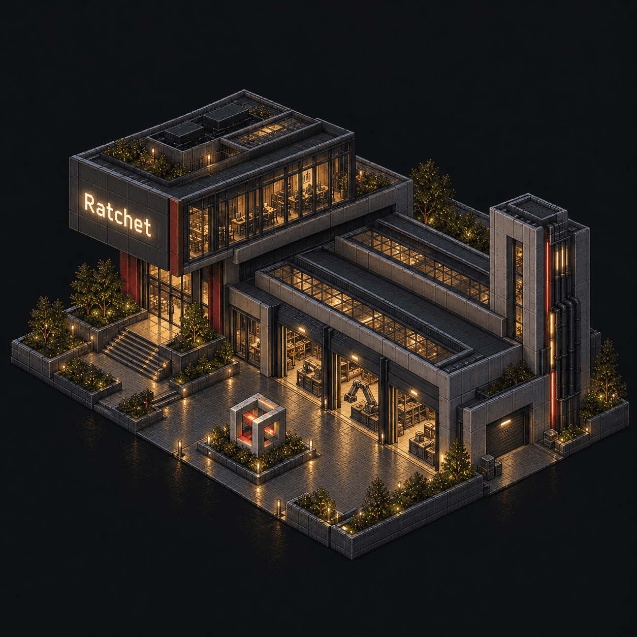 Isometric pixel-art headquarters of Ratchet