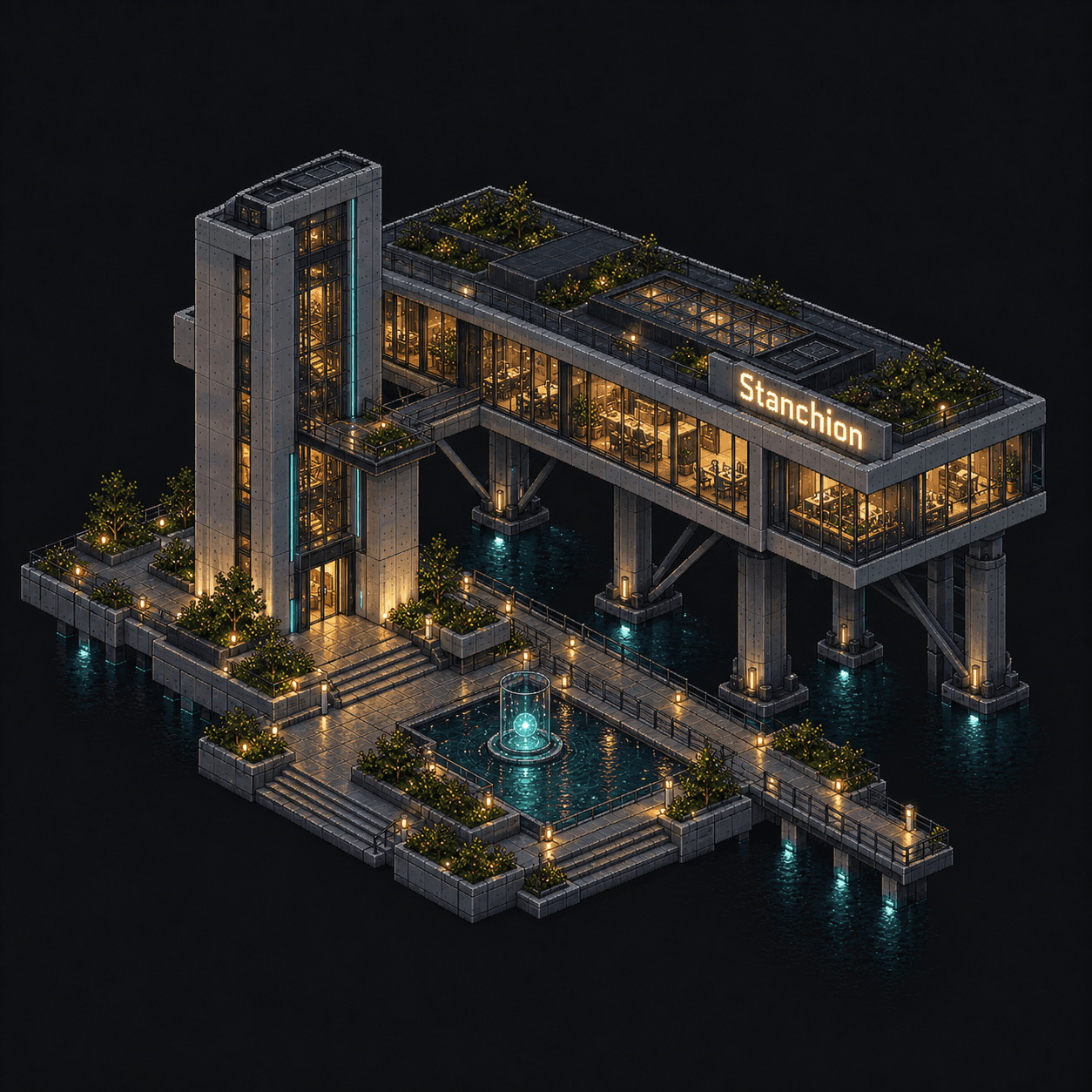 Isometric pixel-art headquarters of Stanchion