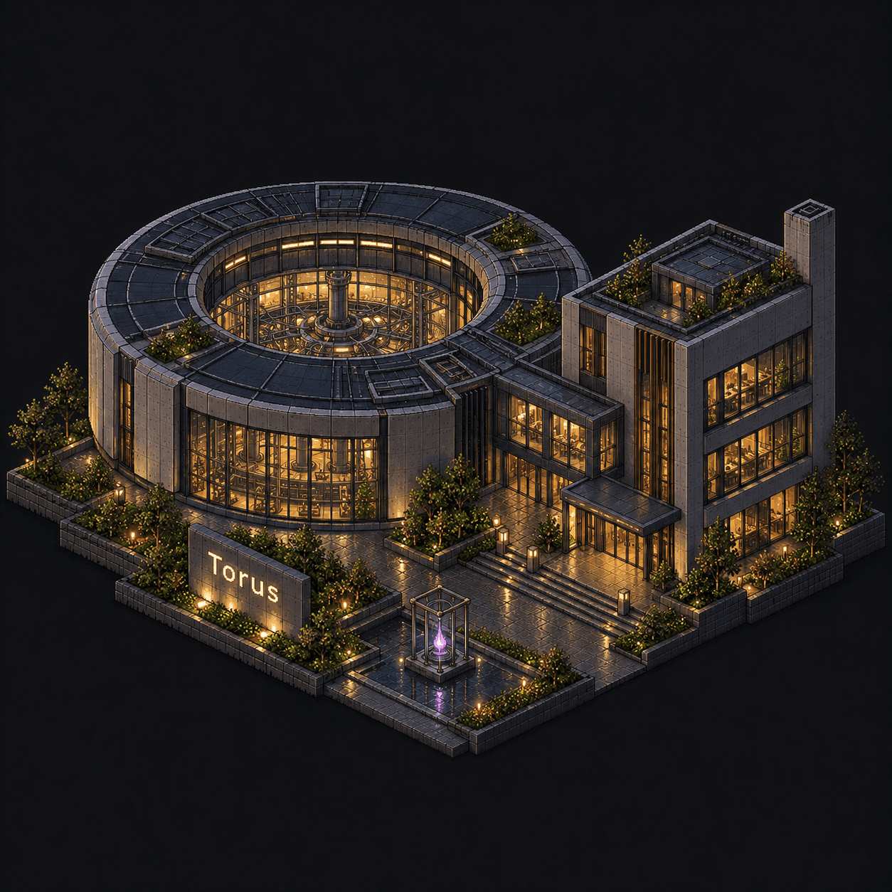 Isometric pixel-art headquarters of Torus