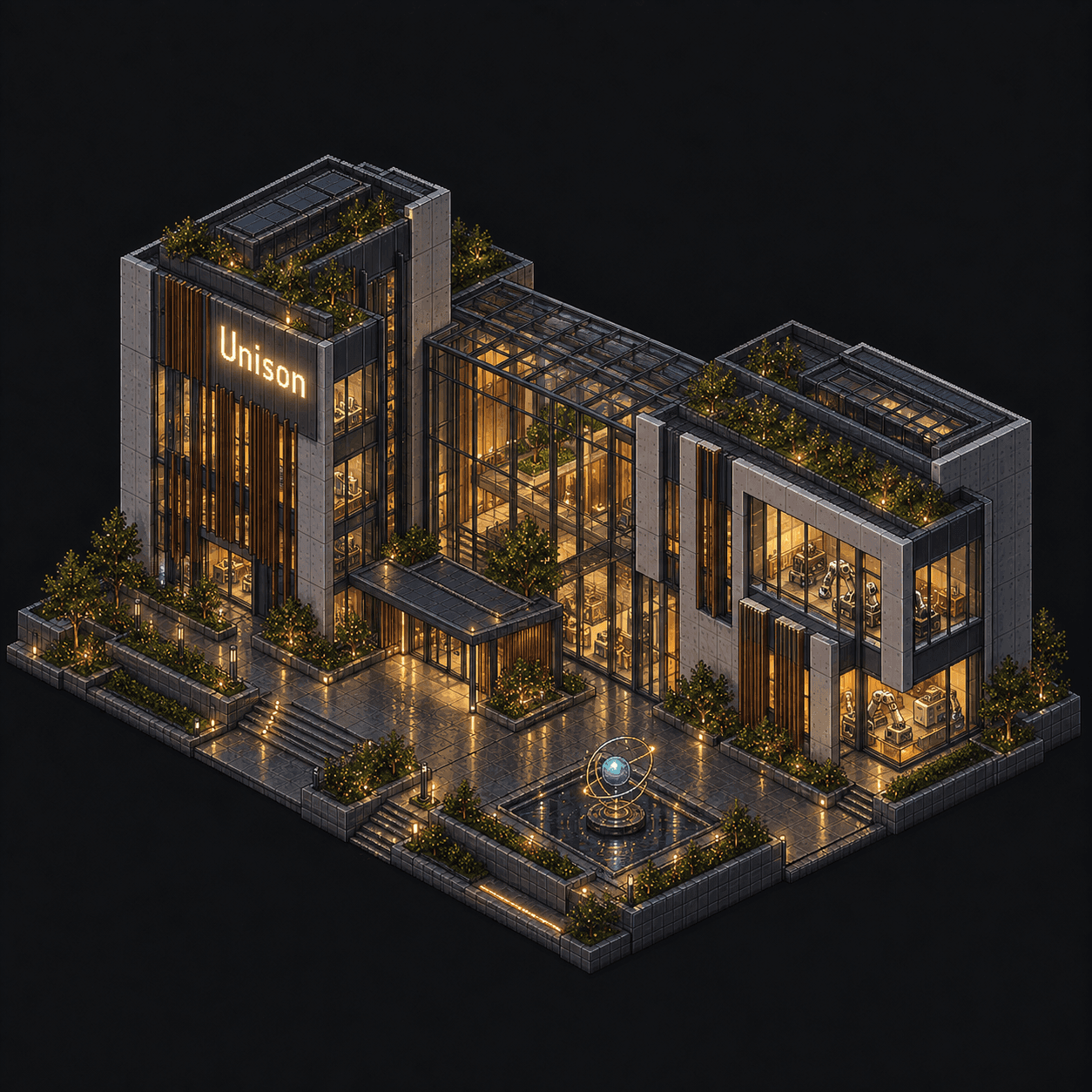 Isometric pixel-art headquarters of Unison
