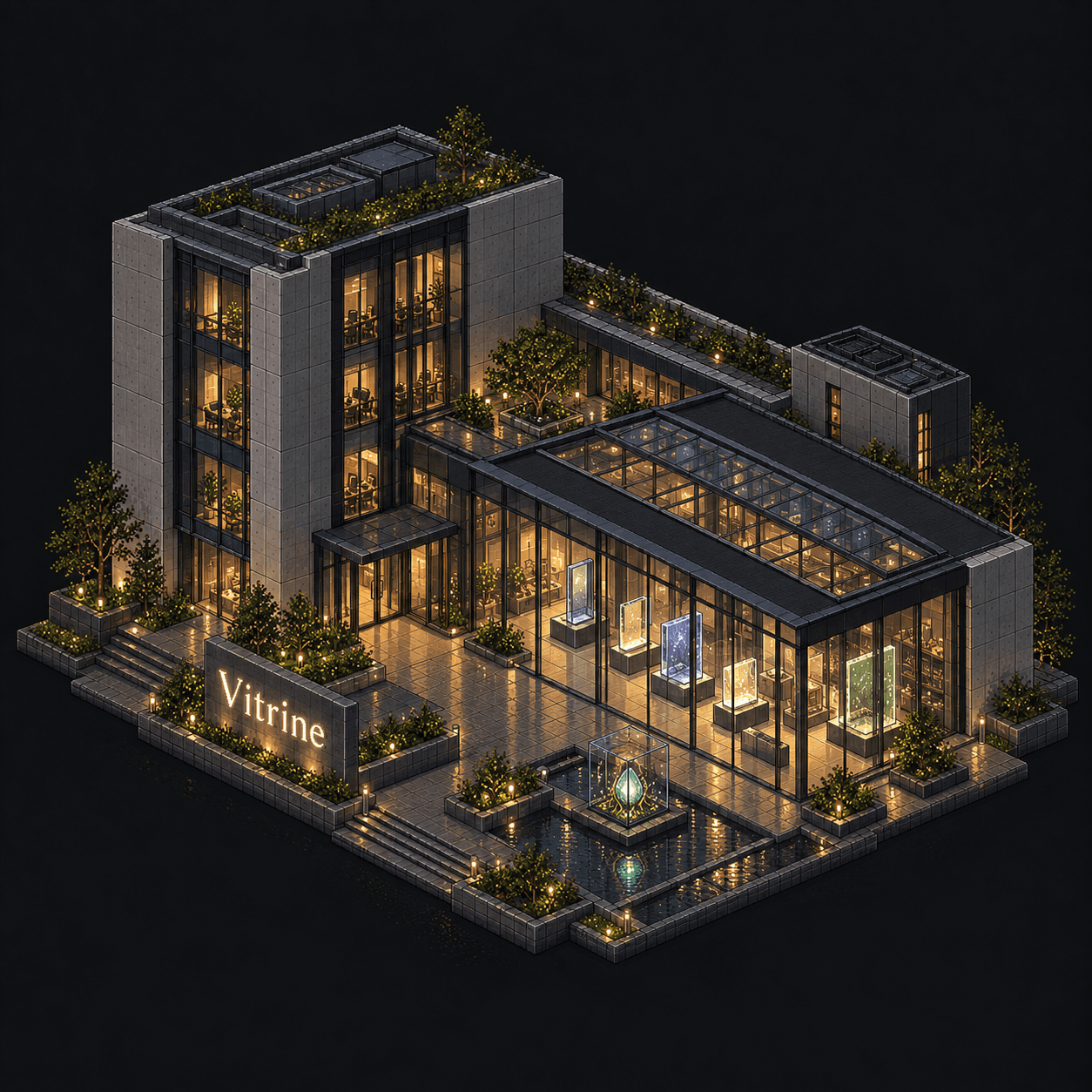 Isometric pixel-art headquarters of Vitrine