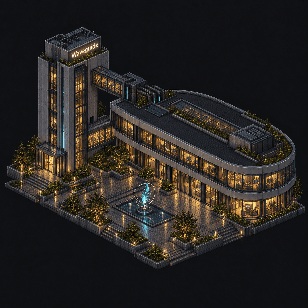 Isometric pixel-art headquarters of Waveguide
