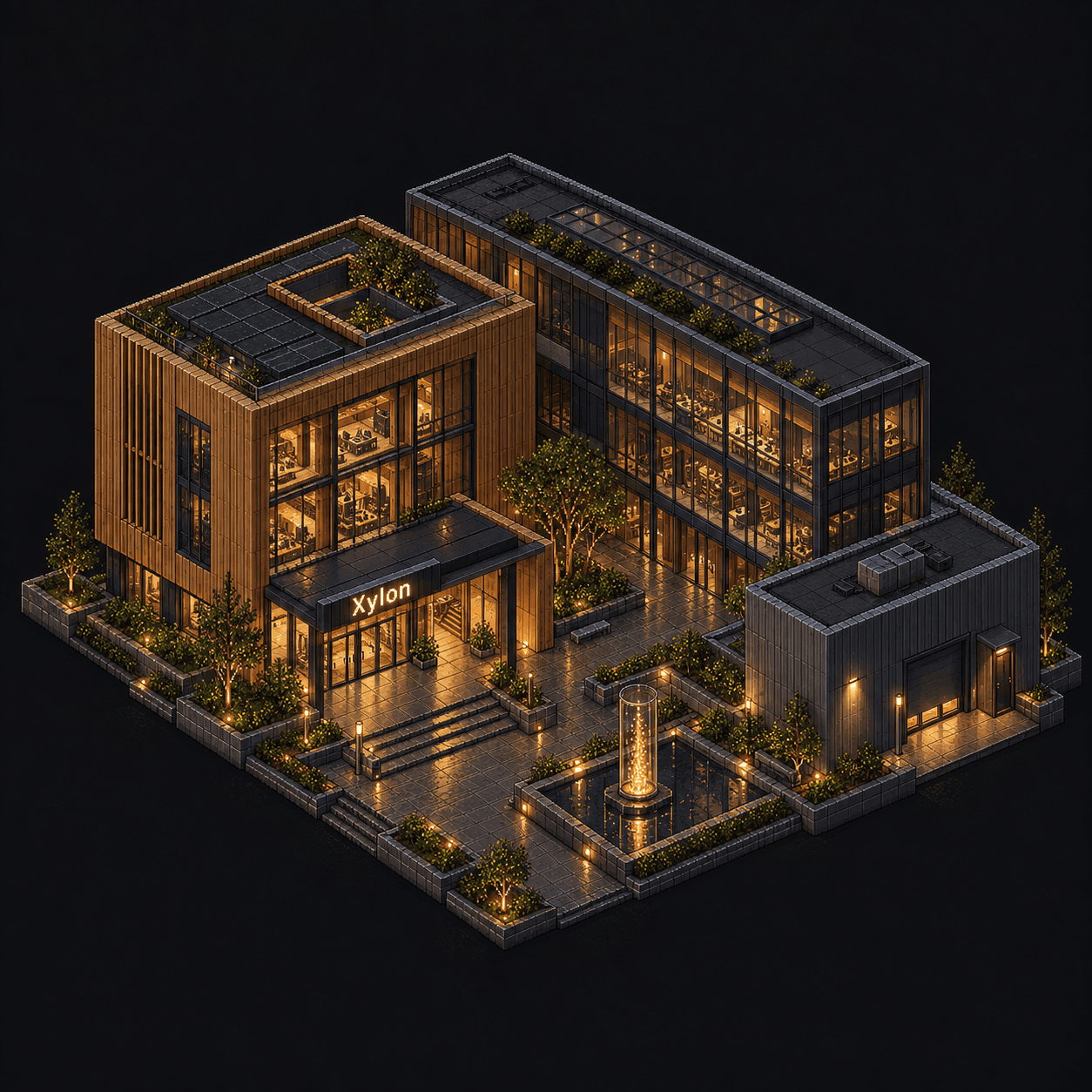 Isometric pixel-art headquarters of Xylon