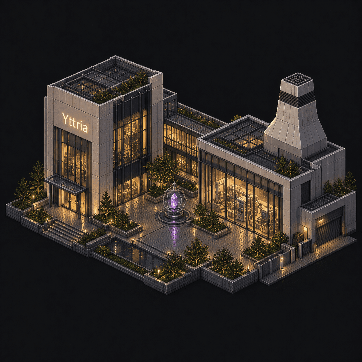 Isometric pixel-art headquarters of Yttria