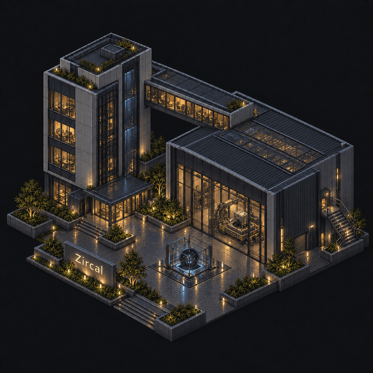 Isometric pixel-art headquarters of Zircal