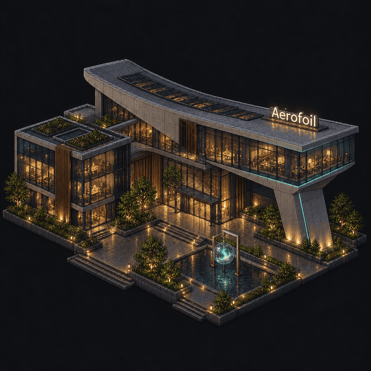 Isometric pixel-art headquarters of Aerofoil