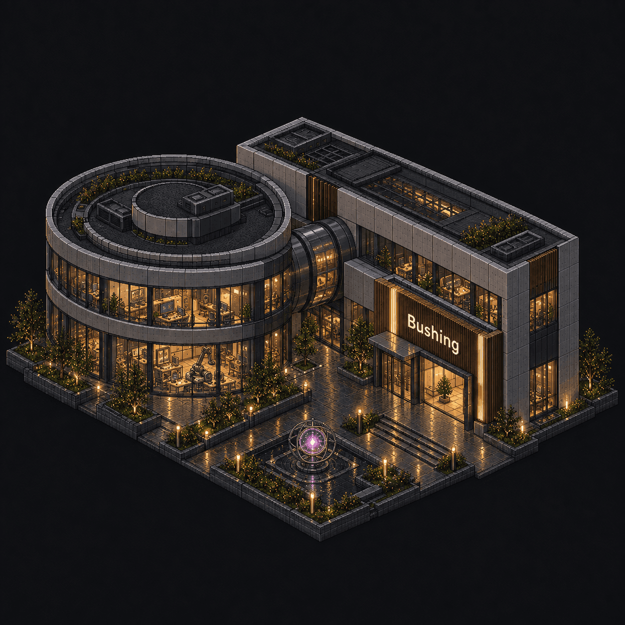 Isometric pixel-art headquarters of Bushing